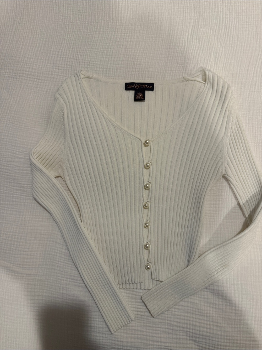 Cream Ribbed Button-Front Cardigan with Pearl Buttons